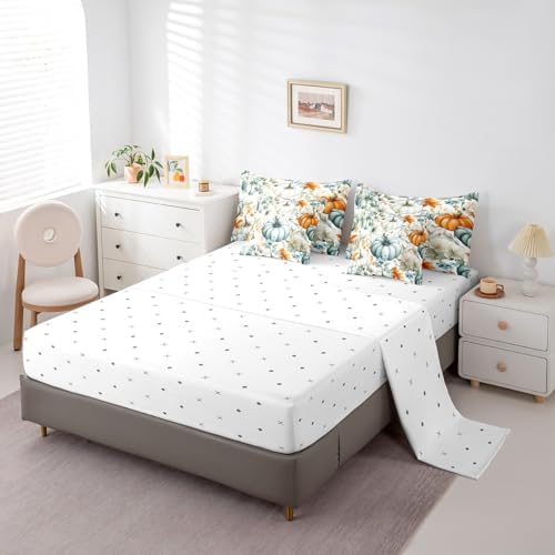 Erosebridal Fall Harvest Pumpkin Queen Comforter Set 7 Piece Maple Leaf Print Bed in A Bag with Sheets for Kids Boys Girls Adultsthanksgiving Decor Bedding Set Watercolor Bed Set