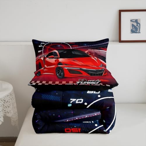 Feelyou Ombre Racing Car Bedding Set King Size Kids Red Speed Sports Car Bedding Set for Boys Girls Teens Extreme Sports Duvet Quilt Breathable Soft Lightweight Microfiber Room Decor