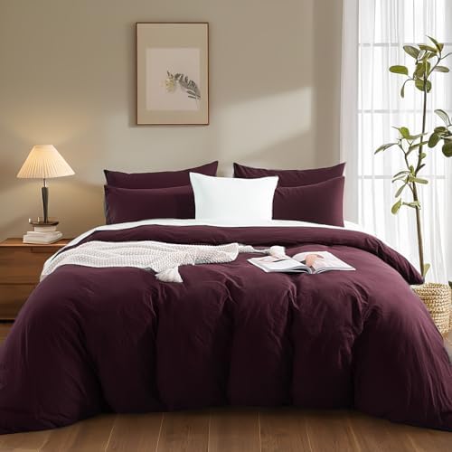 NEXHOME PRO Duvet Cover Set 100% Washed Cotton Super Queen, Linen Feel 3 PCs Home Bedding Set with Zipper Closure,Breathable, Organic Natural Duvet Cover 9098