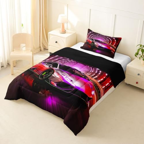 Feelyou Boys Sports Car Comforter Set Toddler Size Pink Racing Car Bedding Set for Kids Boys Girls Extreme Sports Duvet Quilt Automobile Bedroom Decor Microfiber 2 Pcs with 1 Pillow Cases