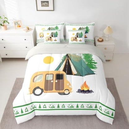 Erosebridal Rv Happy Camping King Comforter Set with Sheets Camper Decor 7-Piece Bedding Set for Kids Boys Teens Bedroom Rustic Farmhouse Bed in A Bag Pine Tree Bonfire Bed Sets, Green White