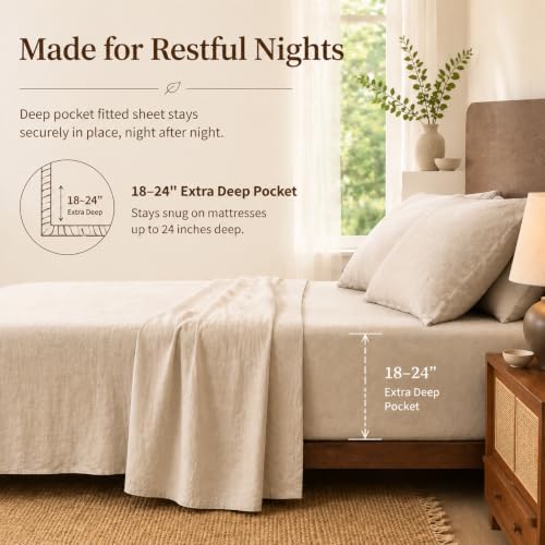 MEISHANG 100% French Linen Sheets Queen,4 Pcs,18-24" Extra Deep Pocket
