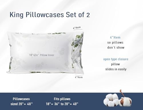 Pillow Cases King Size 100% Cotton Percale Set of 2, White Jasmine