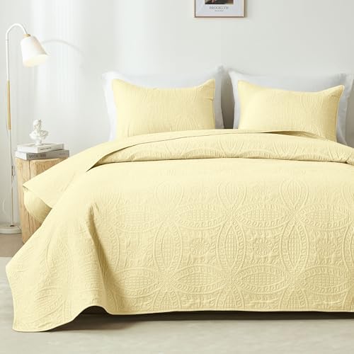 akkialla Butter Yellow Full/Queen Quilt Set,Ultrasonic Lightweight Bedspread Coverlet for Modern Minimalist Bedroom,Soft Microfiber Coin Pattern Bedding,3-Piece (1 Quilt,2 Pillow Shams)