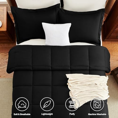 CozyLux Queen Comforter Set Black - 3 Pieces Box Stitched Comforters Queen Size, Soft Bed Set for All Seasons, Lightweight Bedding Sets with 1 Down Alternative Comforter and 2 Pillow Shams (Pack of 2)