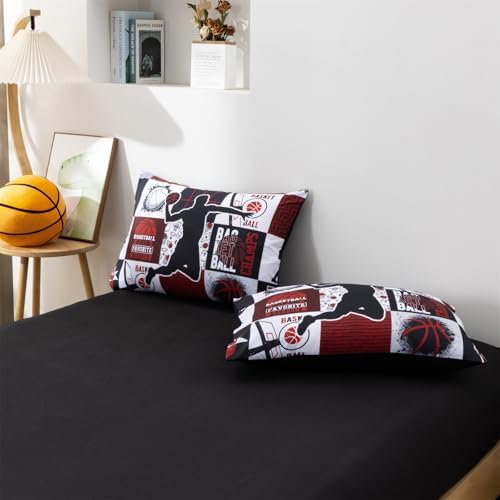 Aimuan Sports Geometric Grid Black Patchwork Basketball Printed for Boys Twin 6Pcs Bed in A Bag Black and Red Comforter Bedding Set Twin Size, Black-Red
