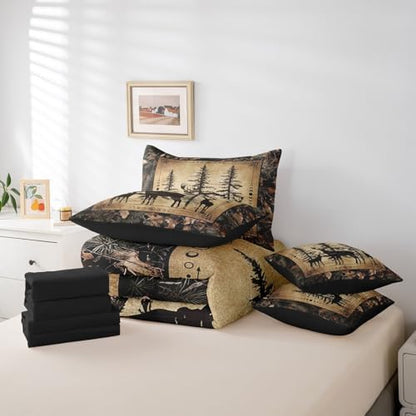 Erosebridal Camo Deer King Comforter Set 7 Piece for Kids Boys Teen,Tree Branches Camouflage Hunting Bedding Set Woodland Animal Bed in A Bag Retro Pine Tree Wildlife Sheet Set with Comforter