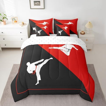 Castle Fairy 7 Pieces Kids Teens Taekwondo Comforter Set Full Size Black Red Bedding Set with Comforter,Sheet Set,Pillowcase and Sham Japanese Style Bed Set Kungfu Bedding for Room Decorative