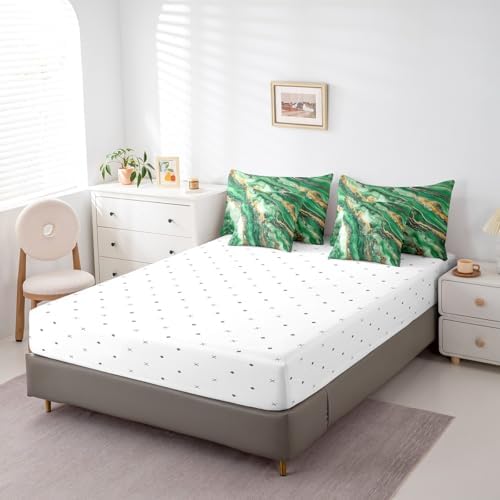 Erosebridal Marble Texture Bedding Set for Kids Teens,Green Golden Marble Grain Comforter Set Full Size,Tie Dye (Comforter+Fitted+Flat Sheet+2 Pillowcases+2 Throw Pillow Covers) 7 Pieces Bed Set