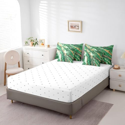 Erosebridal Marble Texture Bedding Set for Kids Teens,Green Golden Marble Grain Comforter Set Full Size,Tie Dye (Comforter+Fitted+Flat Sheet+2 Pillowcases+2 Throw Pillow Covers) 7 Pieces Bed Set