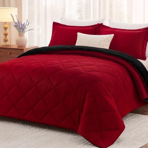 downluxe Queen Comforter Set Soft Reversible 7 Pieces, Black/Red