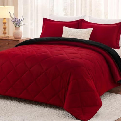 downluxe Queen Comforter Set Soft Reversible 7 Pieces, Black/Red
