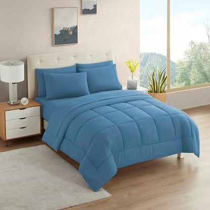 RV Short Queen Comforter Set for RV Camper - Comforter Set with Fitted & Flat Sheet, 4 Pillowcases - Tailored for RV Short Queen Beds - Cozy Essentials for Your RV Bedroom, Denim