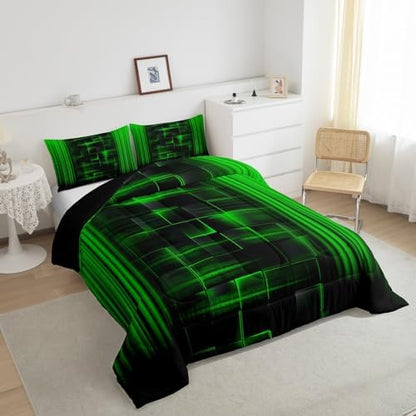 Feelyou Kids Green and Black Comforter Set Ombre Bedding Set Full Size for Boys Girls Teens Bedroom Decor Ombre Effects Comforter Square Strip Lines Duvet Set with 2 Pillow Case