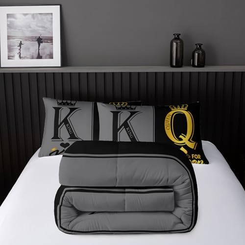 Nttopship King and Queen Crown Comforter Set Black and Gray Couple Bedding Set，3Pcs Mr Mrs Comforter Set for Adults Couple Men Women,His and Hers Quilt Set 2 Pillowcases Bedroom Decor Full