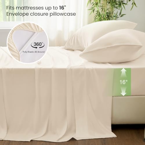 Love's cabin 3 Piece Twin Sheet Set, 100% Rayon Derived from Bamboo, Cooling & Breathable, Soft Silky Deep Pocket up to 16", Hotel Luxury Bedding for Hot Sleepers, Beige
