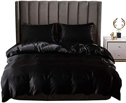 Black Silk Comforter Cover Set Full Size Silk Like Satin Duvet Cover Set Solid Color Decor Soft Microfiber Women Bedding Sets With Zipper Ties Soft Luxury Duvet Cover Set For Adult Women Men Girls
