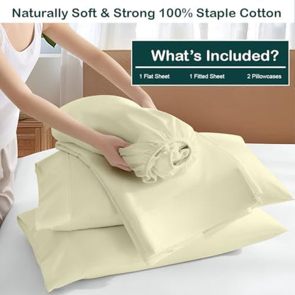 NON Sticky cotton Twin 4 Piece Sheet Set, 100% Long Staple Cotton, Soft Cooling Hotel Luxury Bedding Sheets, Deep Pocket Fits 10" to 18" Mattress, 39" x 75", Ivory Solid
