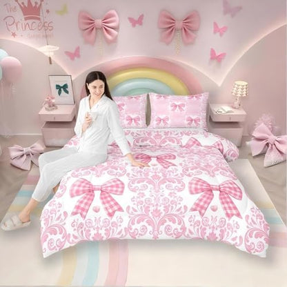 Pink Bowknot Bed in a Bag Queen Comforter Set 7 Piece,Bohemian Exotic Damask Sheet Set,Cute Ribbon Bow Knot Bedding Set,Girly Kawaii Bed Set Antique Victorian Vintage Floral Pink Bedroom Decor