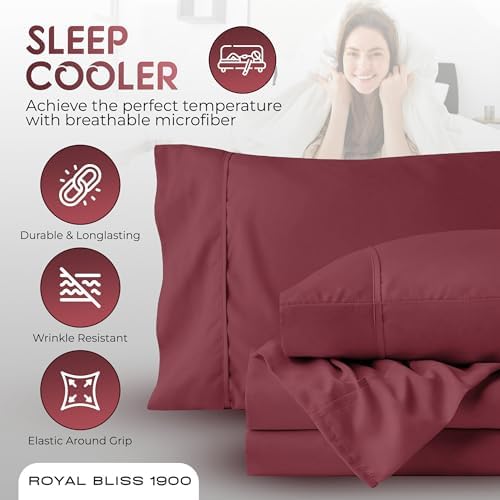 Split King Sheets Set with 2 Twin XL Fitted Sheet - 5 Piece Bedding - Wrinkle Free, Fade Resistant, Double Brushed Microfiber - Deep Pockets/Easy Fit (Burgundy)