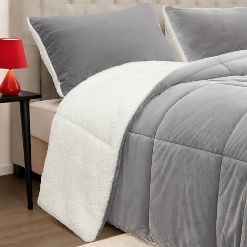 Fluffy Sherpa King Comforter Set, Thick Bedding Set 3 Pieces, Light Grey