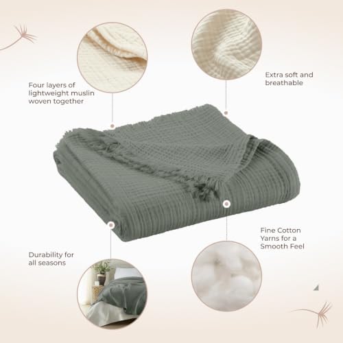 100% Cotton Organic Muslin Throw Blanket for Adults GOTS & Fairtrade Certified Organic Cotton - Couch Living Room and Bedroom Decor - 4 Layer Super Soft and Cozy (Shadow, Throw)