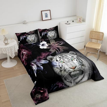 Castle Fairy White Tiger Comforter Set Full,Colorful Flowers Plants Bedding Set for Kids Teens Woman Adults Room Decor,3D Wild Animals Nature Quilt Set Ultra Soft Down Comforter,2 Pillowcases,Black