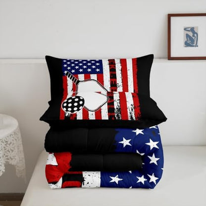 Feelyou Pickleball Bedding Set Boys Girls Toddler Size American Flag Comforter Set for Kids Women Men Pick Racket Pattern Comforter Sports Game Duvet Set Pickleball Themed Gifts Quilt Set