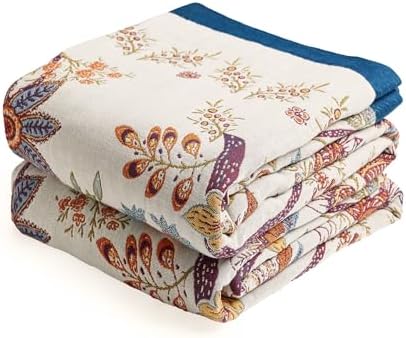 VANJOROY Boho Throw Blanket, 100% Organic Cotton Breathable Skin-Friendly Ultra Soft Bed Quilt Throw - All Season Floral Farmhouse Décor Luxury Blanket for Sofa Couch Chair and Gift. 80" x 90"