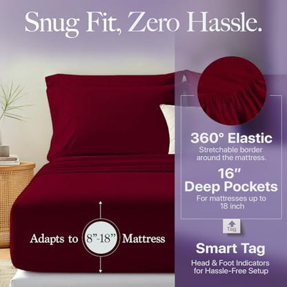 Carressa Linen 600 Series Split King Sheets for Adjustable Bed, Burgundy