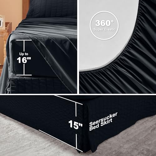 Laojin Balhen Queen Comforter Set 7 Pieces, Black Seersucker Bed in a Bag Set Queen Size, All Season Luxury Bedding Sets with Comforter, Sheets, Pillowcase & Sham