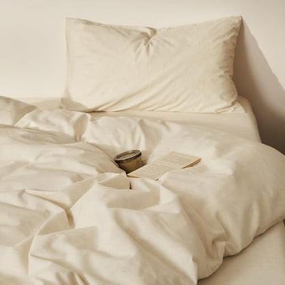 mixinni 3 Piece Washed Cotton Linen Blend Duvet Cover Set King Size, Soft Breathable Farmhouse Beige Neutral Solid Duvet Cover with Natural Linen Texture, 104x90 inches with 2 Pillowcases