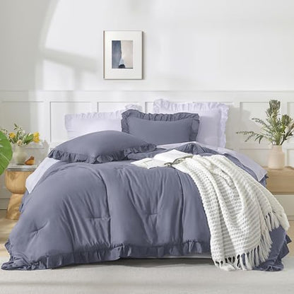 Andency Dark Blue Comforter Set Full Size, 3 Pcs Solid Ruffle Bedding