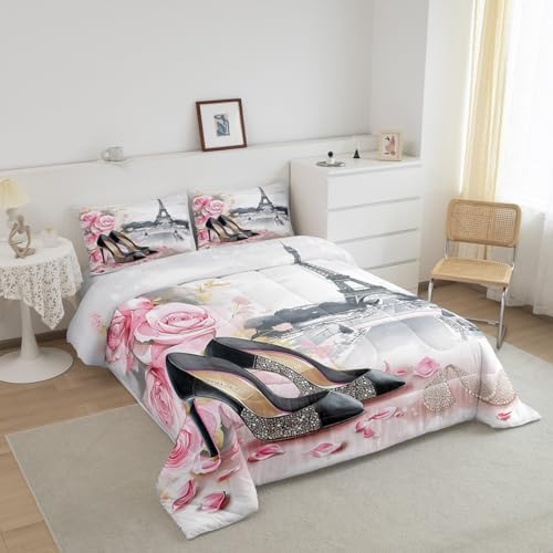 High-Heeled Shoes Princess Kids Comforter Set King Size,Roses Flowers Paris Eiffel Tower Bedding Set,Women Girls Room Decor,Glitter Diamond Romantic Down Comforter,Pink Duvet Insert,2 Pillowcases