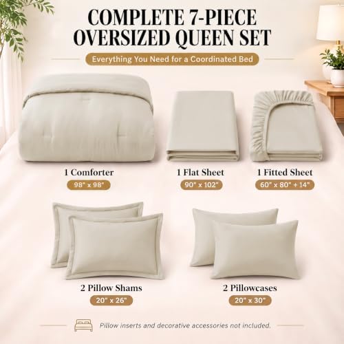 CozyLux Oversized Queen Comforter Set Beige, 7 Pieces Bed in a Bag