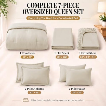 CozyLux Oversized Queen Comforter Set Beige, 7 Pieces Bed in a Bag