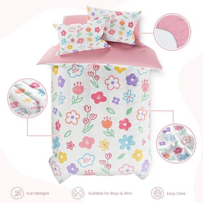SANDJEST Floral Full Bedding Sets for Girl, Ultra Soft Microfiber Comforter Bed Set with 4-Pieces, Flower Comforters Sets for Kids Children Girl Teen Tween Bedroom Decor