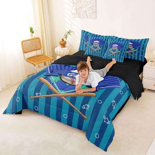 Erosebridal Navy Blue Boys Kids Ball Games Boys Baseball King 7-Piece Comforter Set | Sports Theme Gaming Pattern Sheets and Pillowcases Stripes Geometric Bed in A Bag Playground Bed Sets