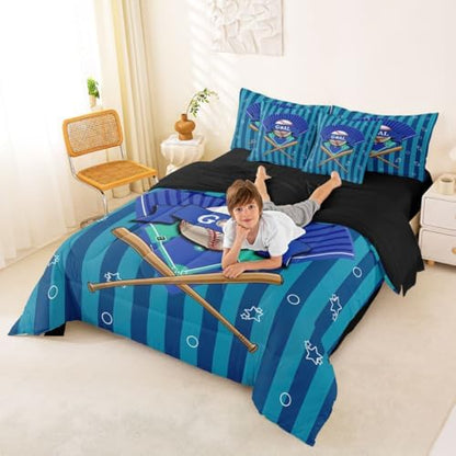 Erosebridal Navy Blue Boys Kids Ball Games Boys Baseball King 7-Piece Comforter Set | Sports Theme Gaming Pattern Sheets and Pillowcases Stripes Geometric Bed in A Bag Playground Bed Sets