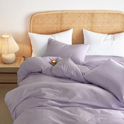Wake In Cloud - Cotton Duvet Cover Set, 100% Washed Cotton, Linen Like Textured, Breathable Durable Comfy Farmhouse Neutral Bedding Set, 3 Pieces, Light Purple, Twin/Twin XL Size