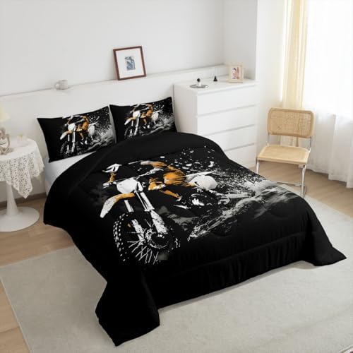 Feelyou Dirt Bike King Size Comforter Set for Kids Boys Girls Decor Racing Motorcycle Racer Comforter Cover Breathable Soft Lightweight Microfiber Cool Motocross Extreme Sports Bedroom Decor Quilt Set