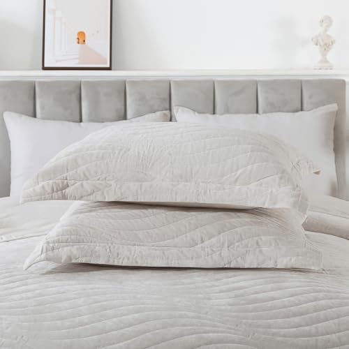 HoneiLife Quilt Set Queen Size - Velvet Quilt Sets 3-Pieces, Stripe Bedspread for Queen Beds, Queen Quilt Bedding Sets All Season Quilts- Nature White