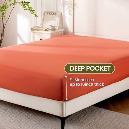 ROSE&RISY Orange Red Queen Sheet Set, 4 Pieces Soft Bedding Queen Sheet Set, Breathable and Cooling Sheet Bed Set,Includes 1 Fitted, 1 Flat, 2 Pillow Cases - Deep Pocket (Orange Red, Queen Size)