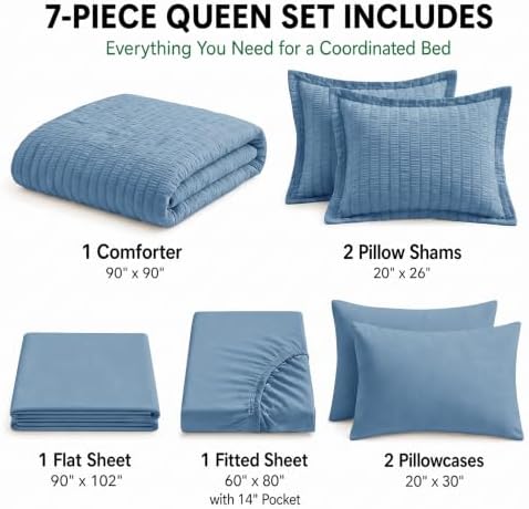 HIMEET Queen Comforter Set, 7-Piece Seersucker Bed in a Bag, Grayish Blue