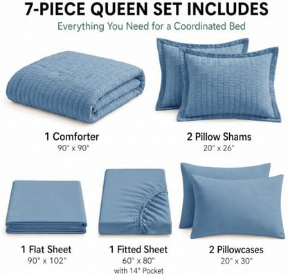 HIMEET Queen Comforter Set, 7-Piece Seersucker Bed in a Bag, Grayish Blue