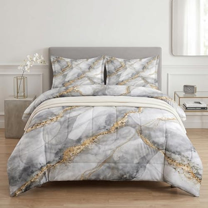 Pamnest Queen Comforter Set, 3 Pieces Marble Black Bedding, All Season