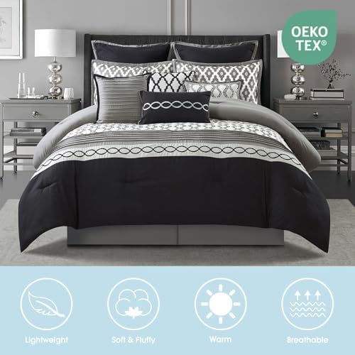 LANCO MODERN LIFESTYLE Queen Comforter Set, Black, 10 Piece Bed in a Bag for All Seasons, Luxury Extreme Comfort Bedding Sets with Bedskirt, Pillow Shams, Euro Shams and Decor Pillows
