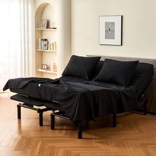 Kingnex 32-34 Split Top King Sheets Sets for Adjustable Bed with Straps Soft 1800 Microfiber Breathable 4 Pcs Flex Head King Bedding Set Black