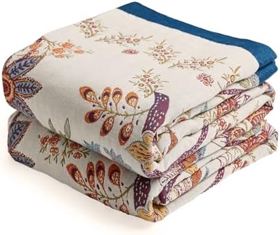 VANJOROY Boho Throw Blanket, 100% Organic Cotton Breathable Skin-Friendly Ultra Soft Bed Quilt Throw - All Season Floral Farmhouse Décor Luxury Blanket for Sofa Couch Chair and Gift. 91" x 98"