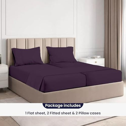 SGI Split King Sheet Set for Adjustable Bed Egyptian Premium Cotton Sheets for Sleep Number Bed 15" Deep Pocket 5 Pc Set with 2 Twin XL Fitted Sheets Soft Breathable - Plum